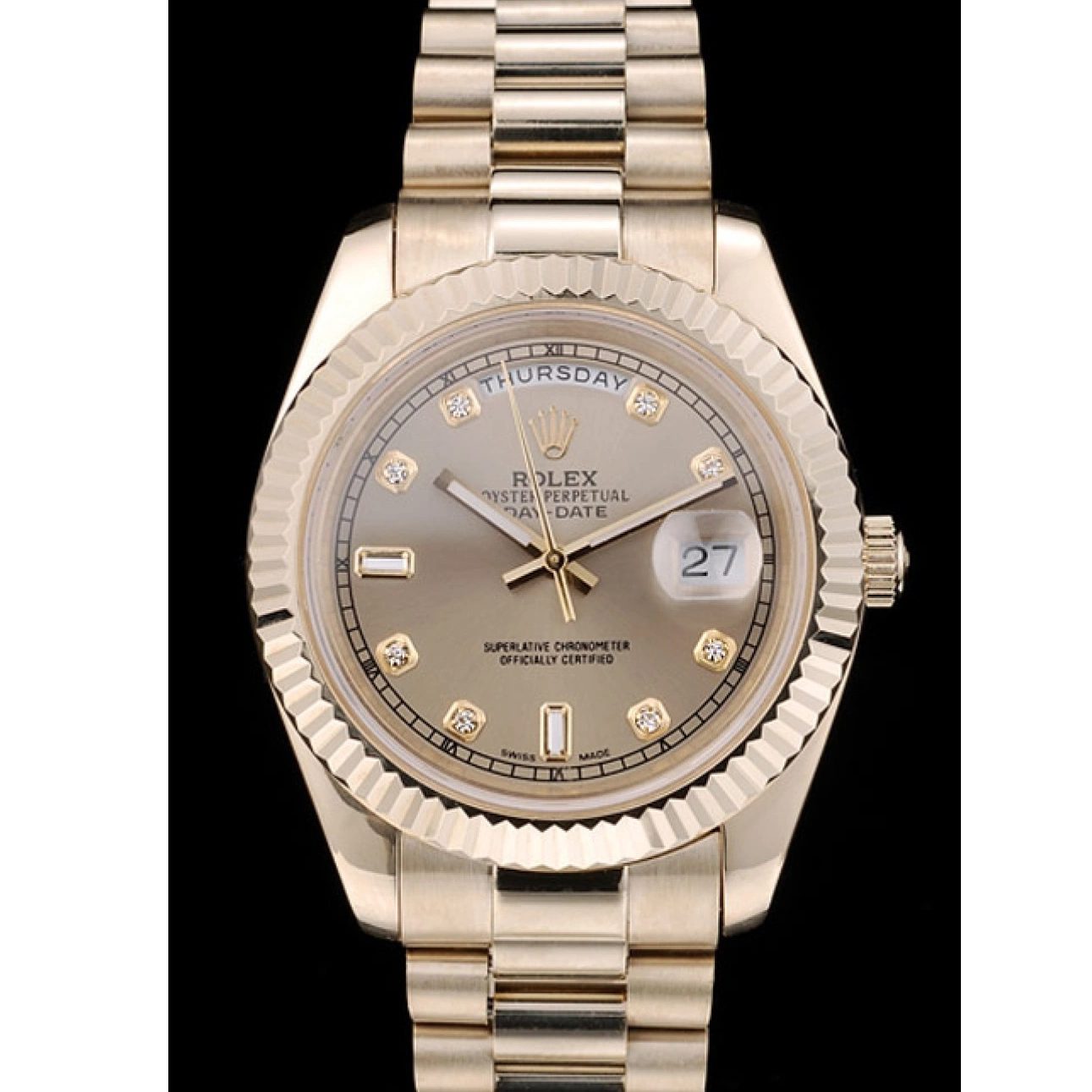 Aaa fake watches Swiss Ribbed Gold Steel Rolex Dial Bezel Stainless DayDate 41997 Gold 0814